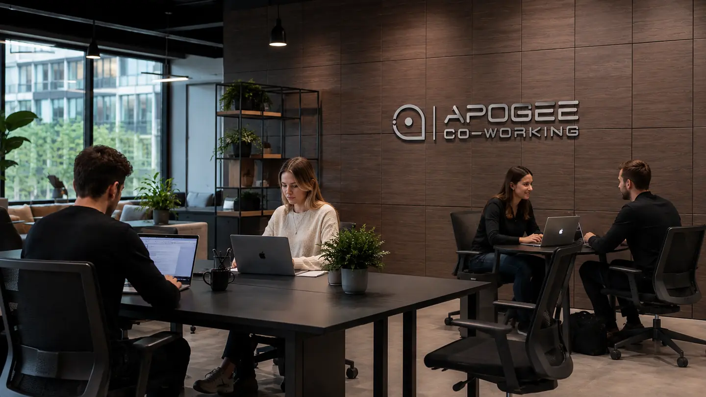 Vier Personen arbeiten an zwei Tischen im Coworking-Bereich, an der Wand das Apogee-Logo