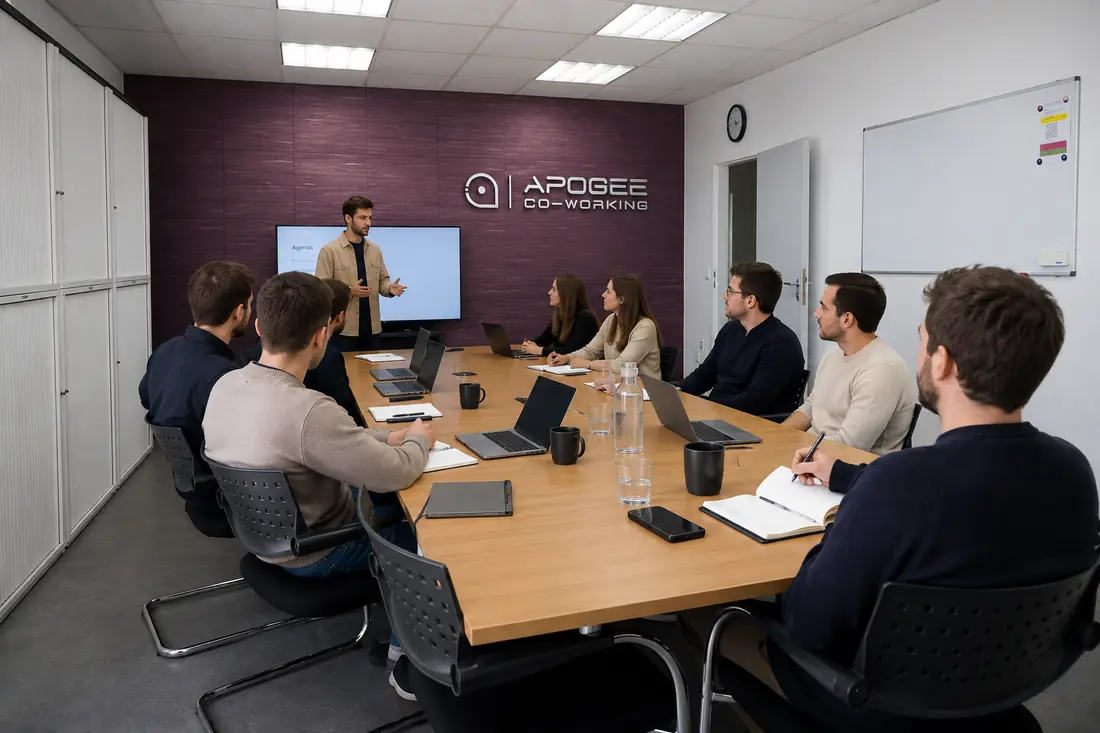 Besprechung im großen Konferenzraum: mehrere Personen am Tisch, vorne eine Präsentation