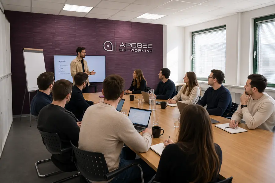 Besprechung im großen Meeting-Raum: zehn Personen am Konferenztisch, vorne eine Präsentation